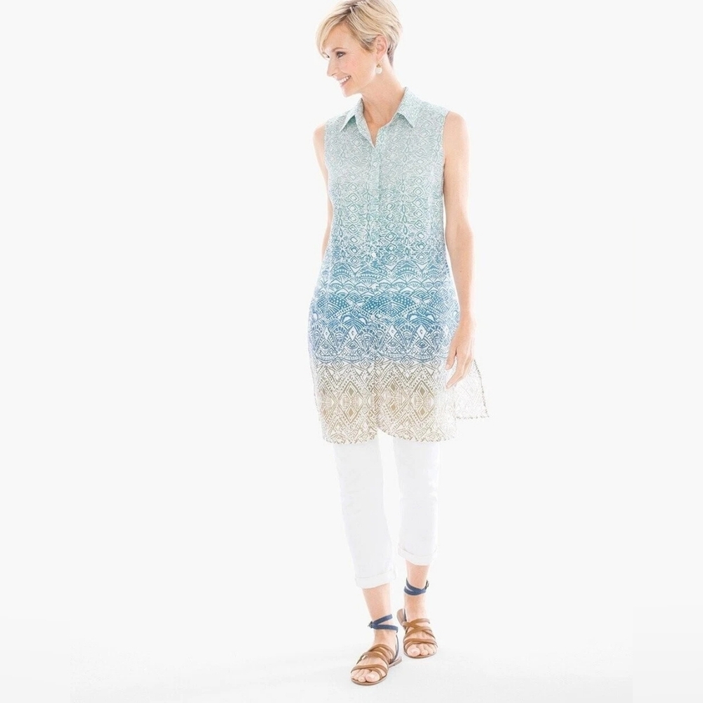 Chico's Ombre Stamped Print 100% Linen Shirtdress Sleeveless Aqua Beige 3 XL